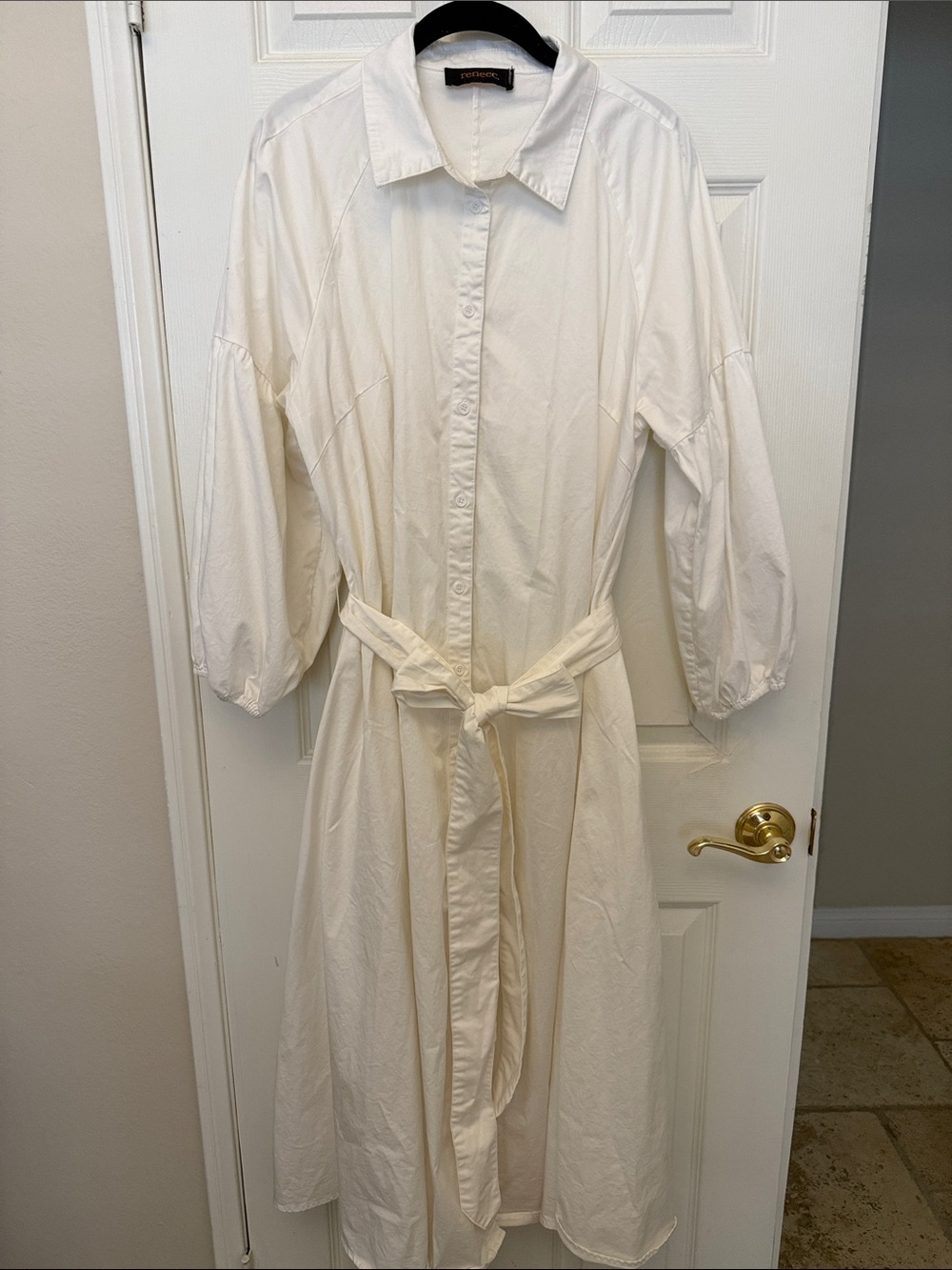 Renee C. Cream Button-Front Long Sleeve Shirt Dress with Waist Tie